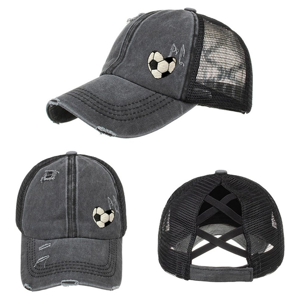 NEW Embroidered Soccer Heart Black Distressed High Ponytail Trucker Hat